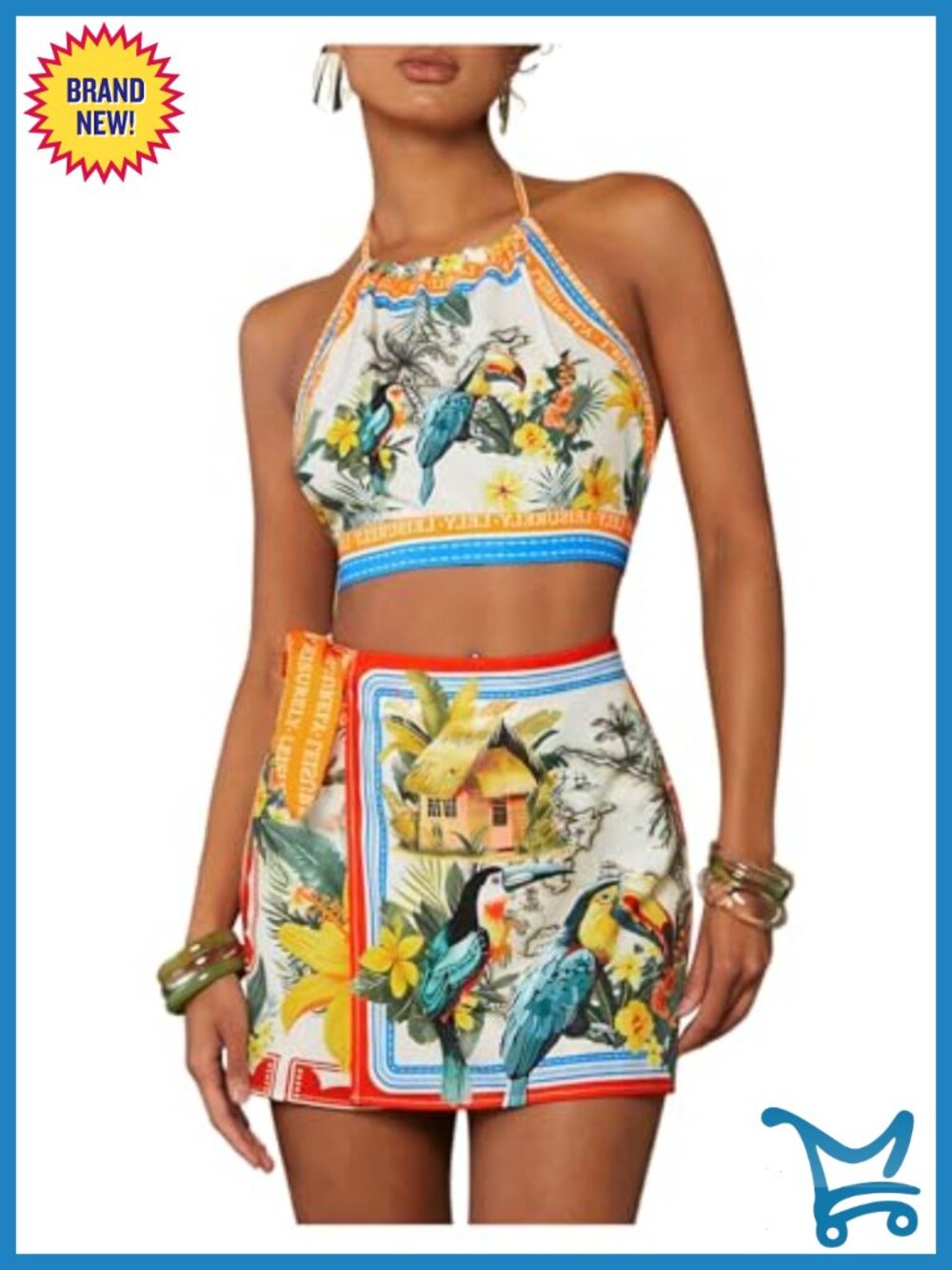 Tropical Print Halter Crop Top and Shorts 2 Piece Set Vacation Outfit
